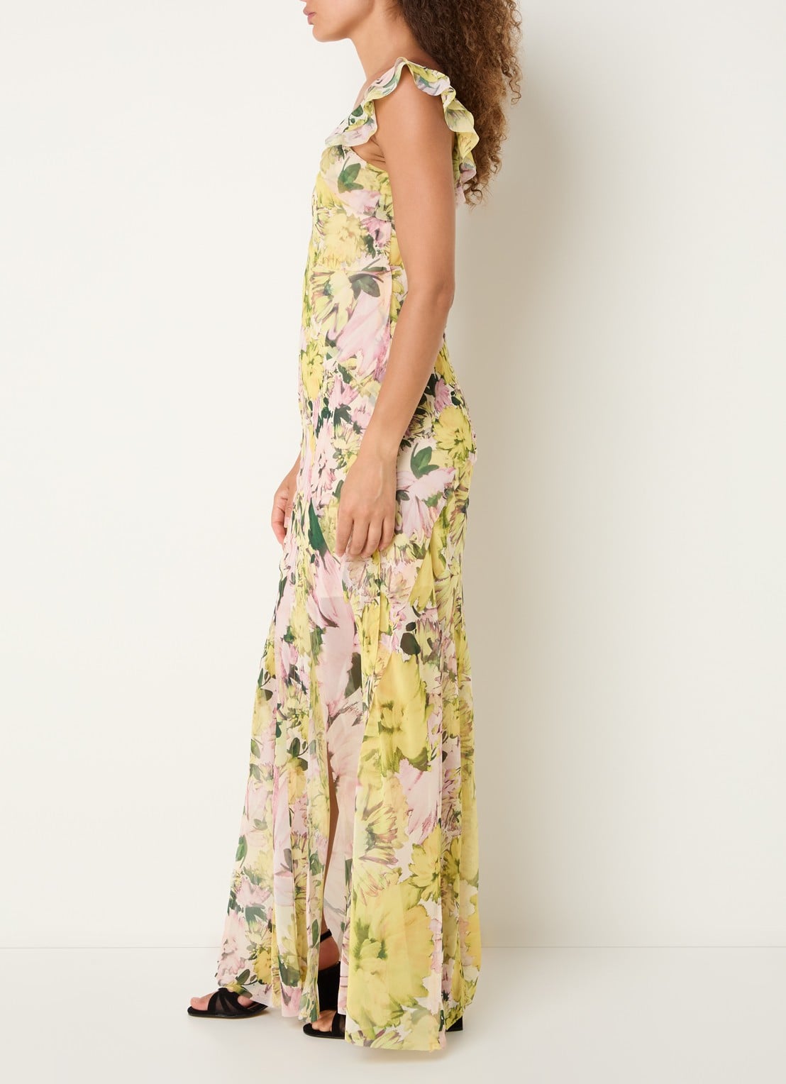 French Connection Carla maxi jurk met bloemenprint en split - voorkant 3 okergeel