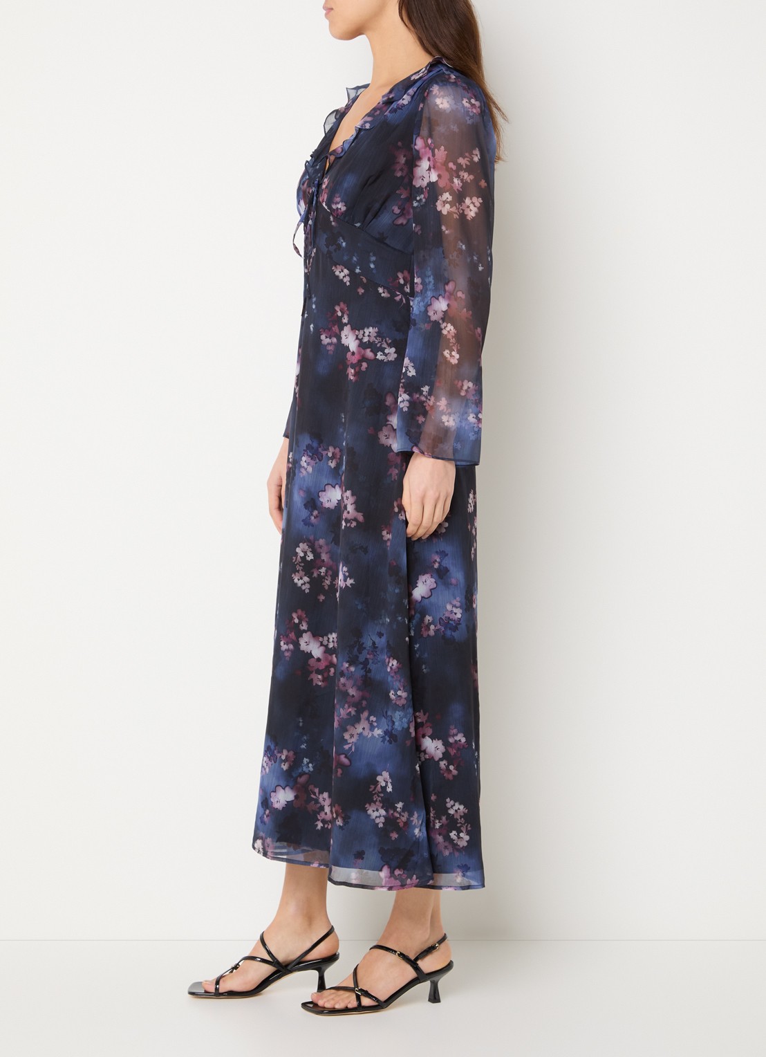 French Connection Clara midi tuniekjurk met bloemenprint - voorkant 2 donkerblauw