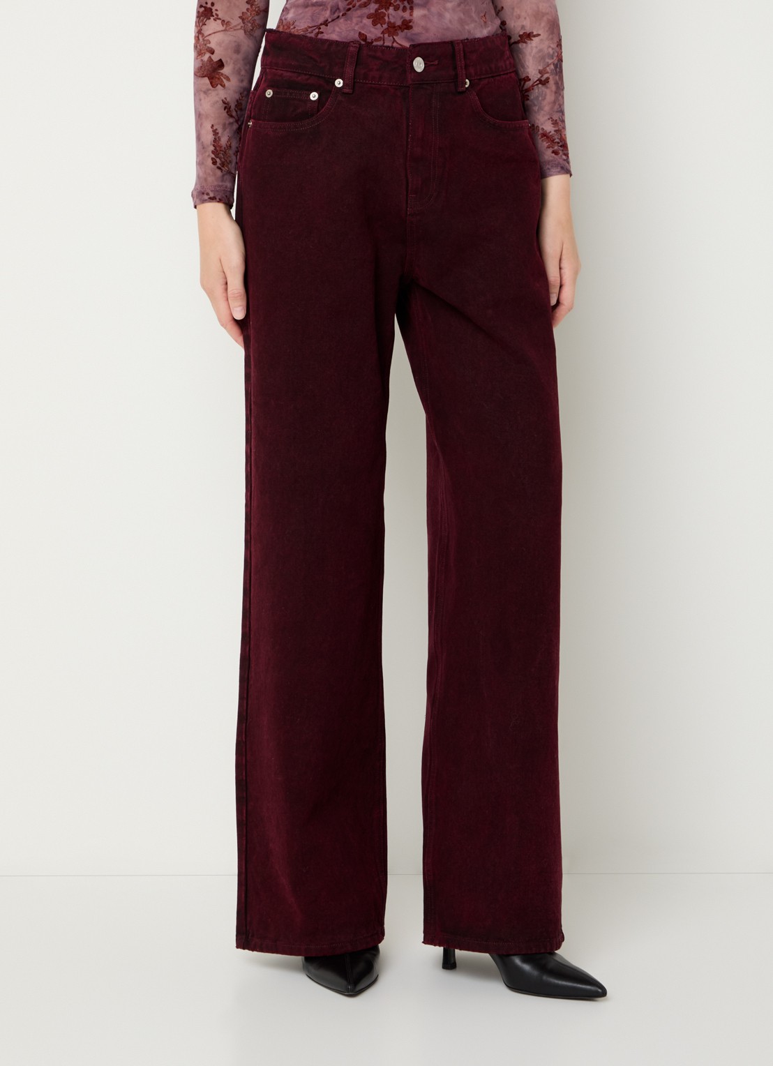 French Connection Dallas high waist straight leg jeans met gekleurde wassing - detail 4 bordeauxrood