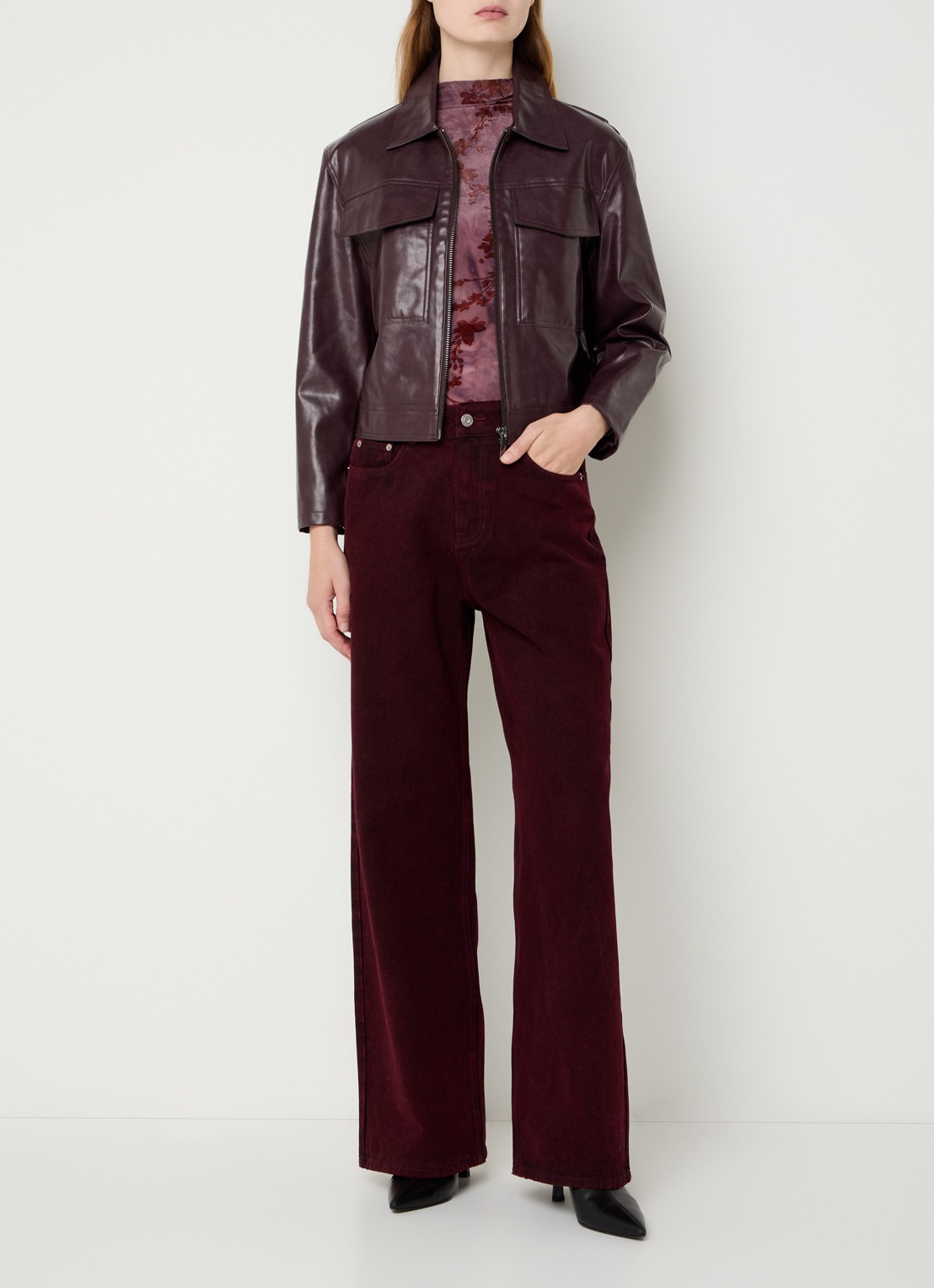French Connection Dallas high waist straight leg jeans met gekleurde wassing - voorkant 3 bordeauxrood