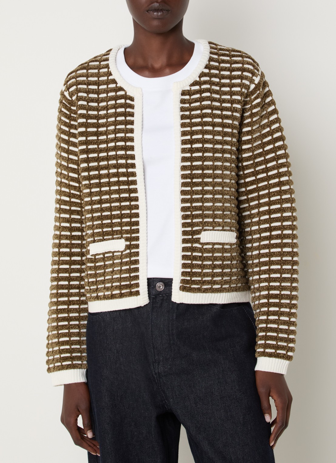 French Connection Dion Noar grofgebreid openvallend vest - detail 3 khaki