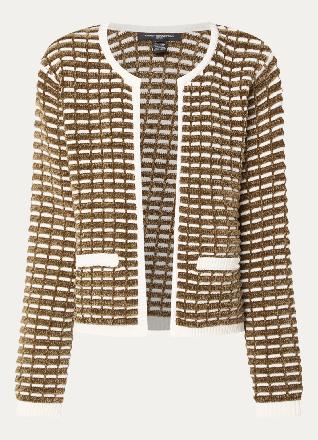 French Connection Dion Noar grofgebreid openvallend vest - voorkant khaki