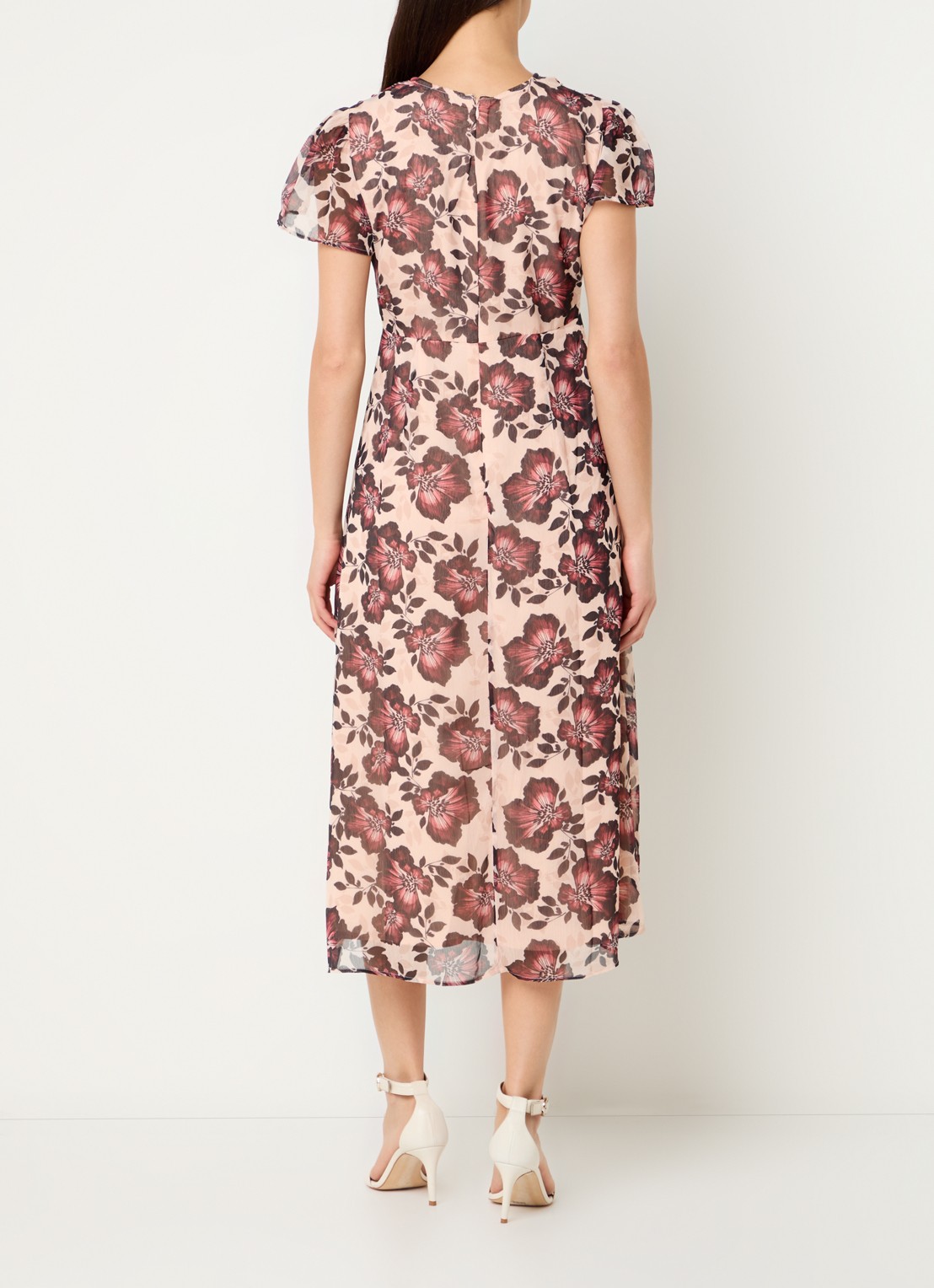 French Connection Elyse midi jurk met bloemenprint en sierknopen - achterkant 4 lichtroze