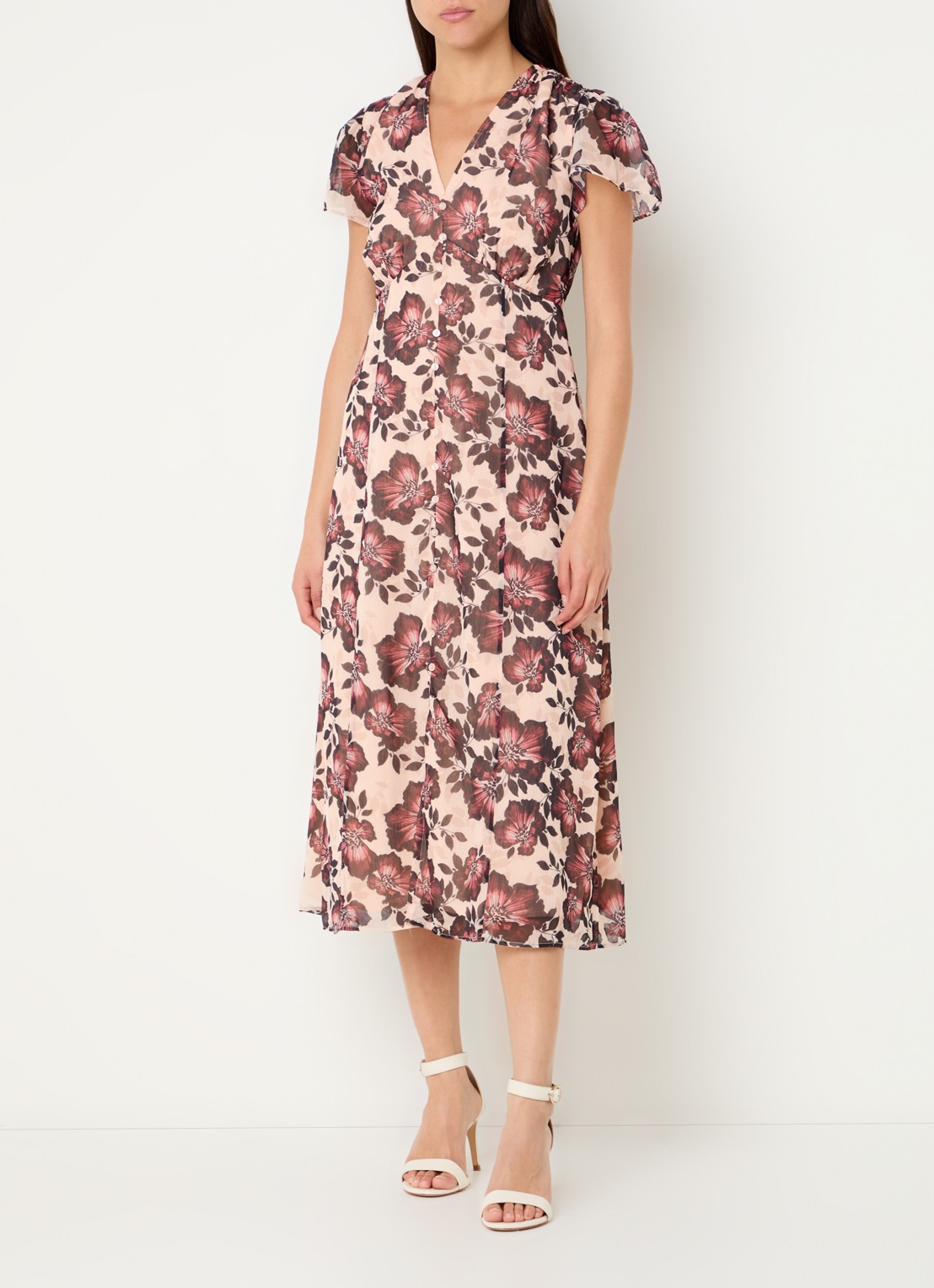 French Connection Elyse midi jurk met bloemenprint en sierknopen - detail lichtroze