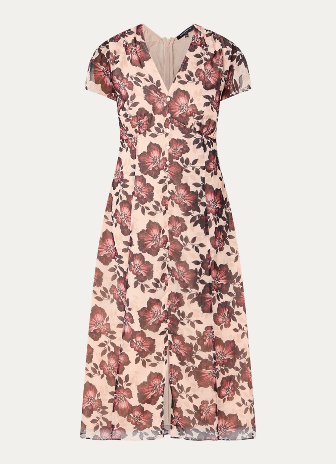 French Connection Elyse midi jurk met bloemenprint en sierknopen - voorkant 2 lichtroze