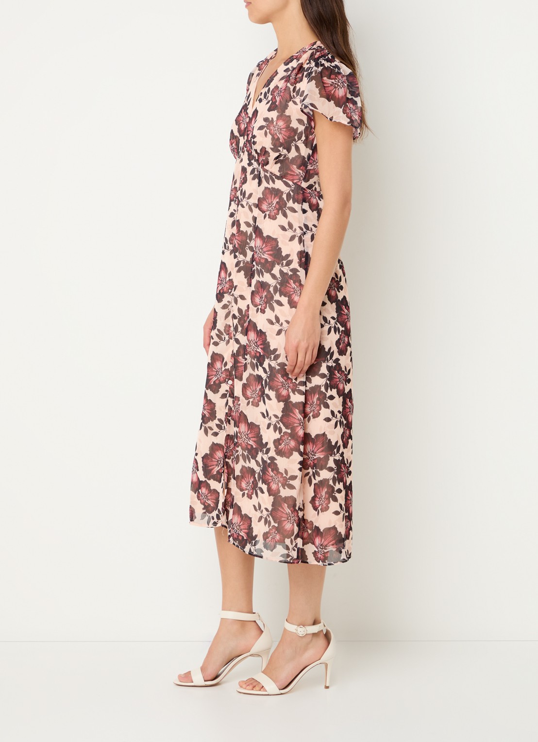 French Connection Elyse midi jurk met bloemenprint en sierknopen - voorkant 3 lichtroze