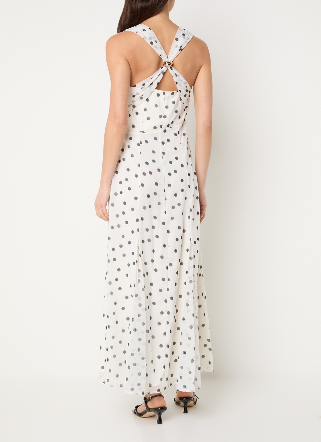 French Connection Emina midi jurk van chiffon met stippenprint - achterkant 3 gebroken wit