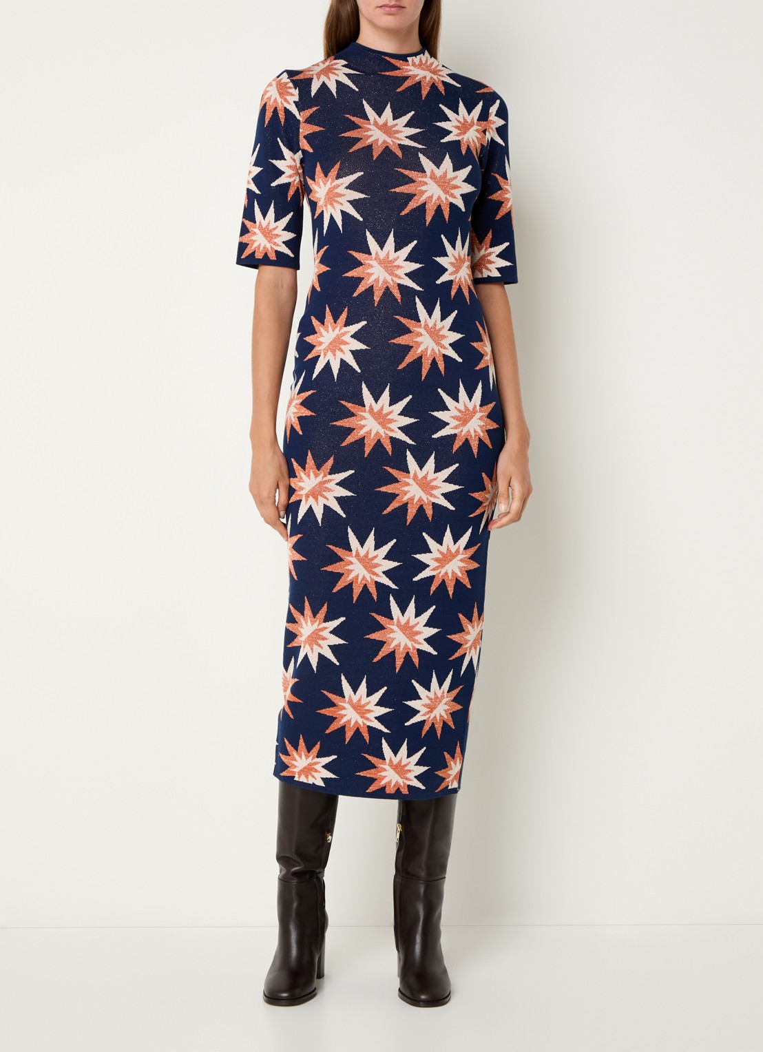 French Connection Fijngebreide maxi jurk met grafische print en lurex - detail 3 donkerblauw