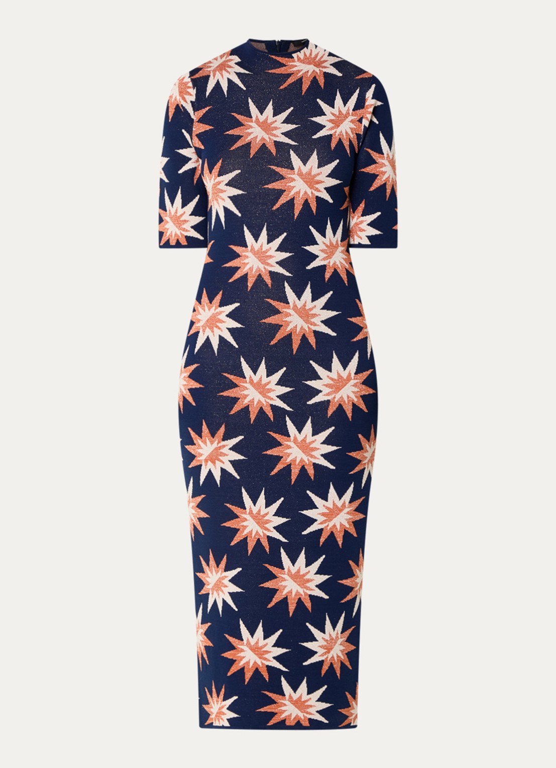 French Connection Fijngebreide maxi jurk met grafische print en lurex - voorkant donkerblauw