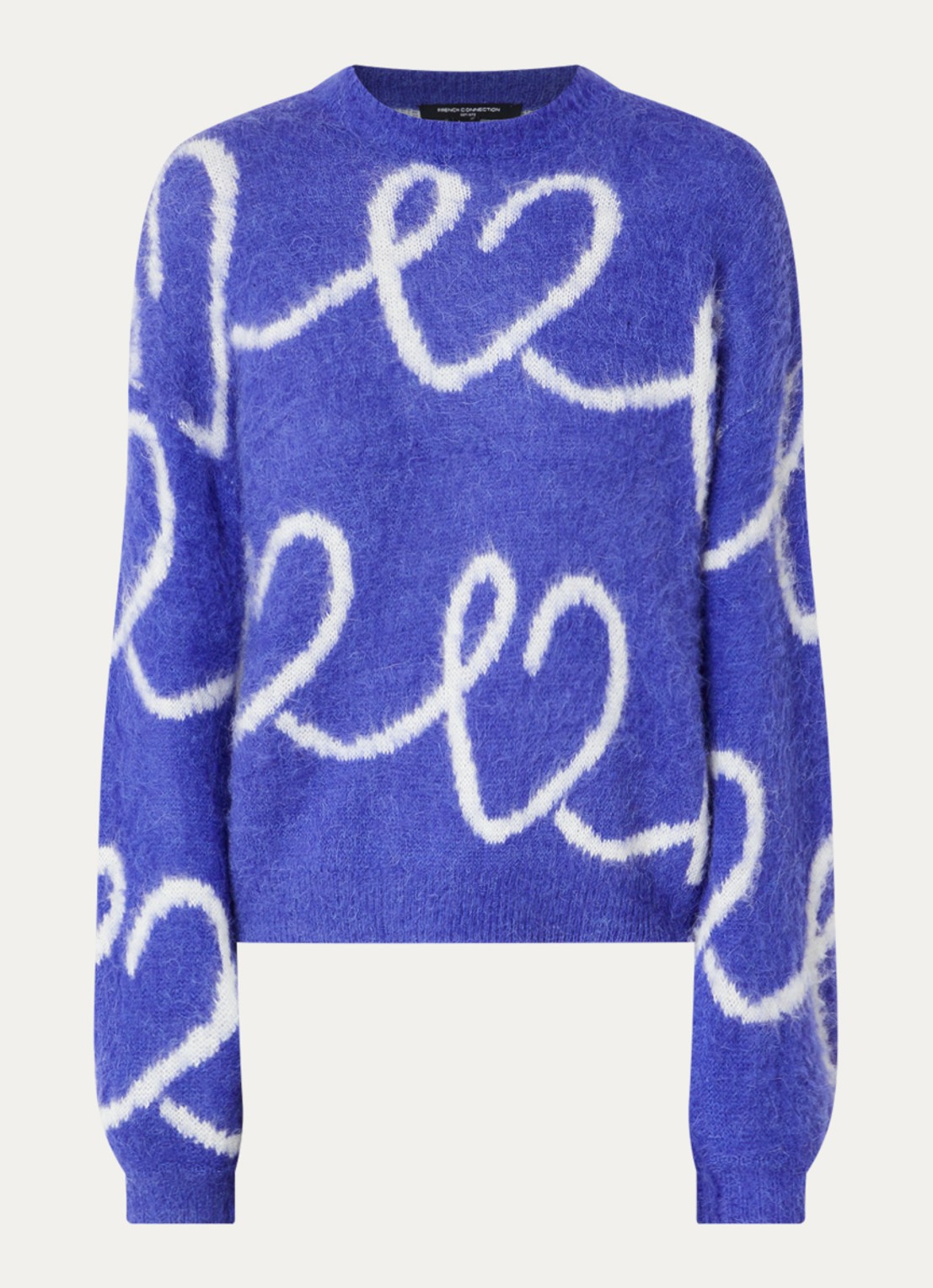 French Connection Hallie Jessika grofgebreide trui in alpaca wolblend met ingebreid patroon - voorkant 2 kobaltblauw