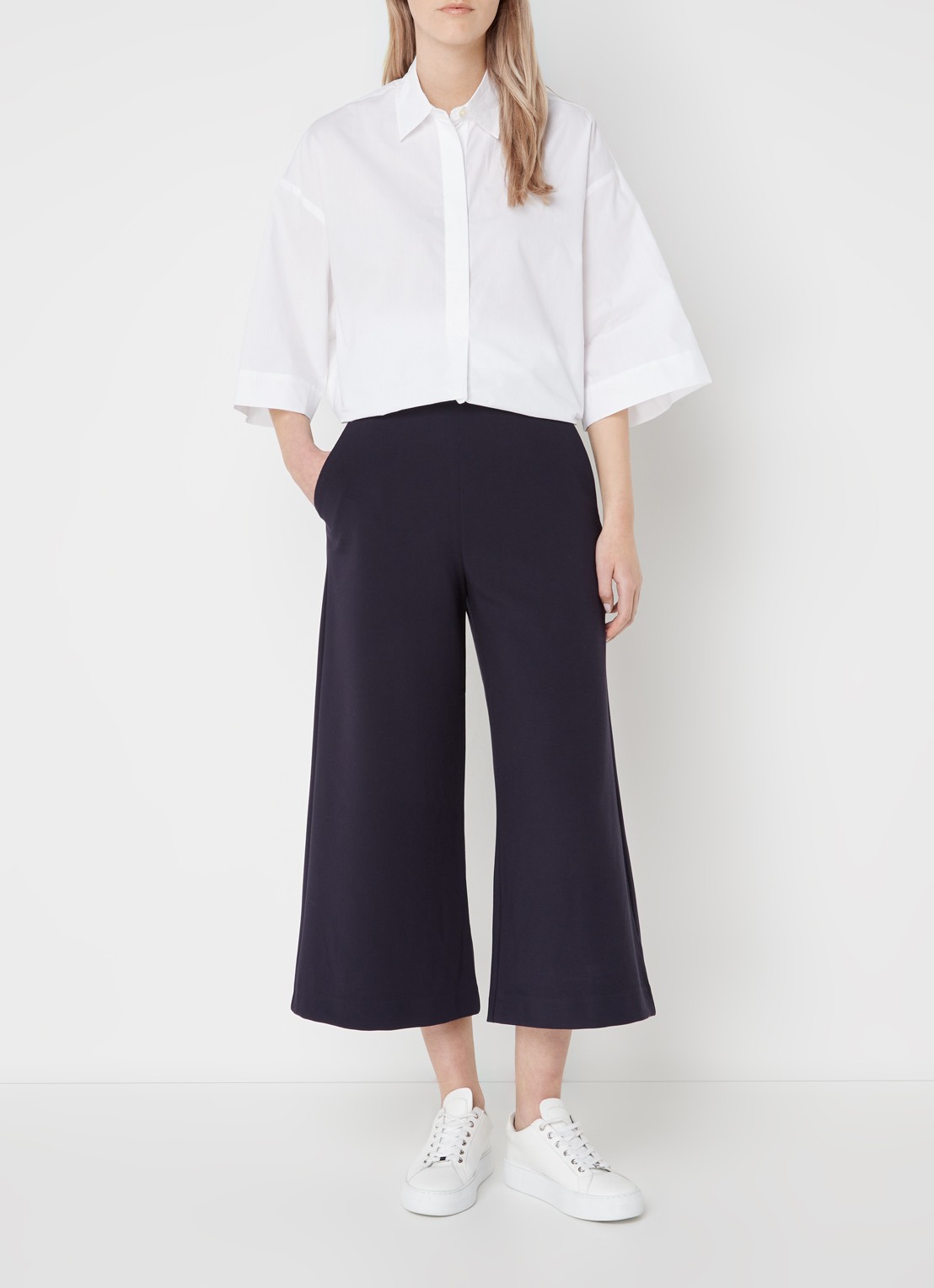 French Connection High waist wide fit culotte met strikceintuur - voorkant 6 donkerblauw