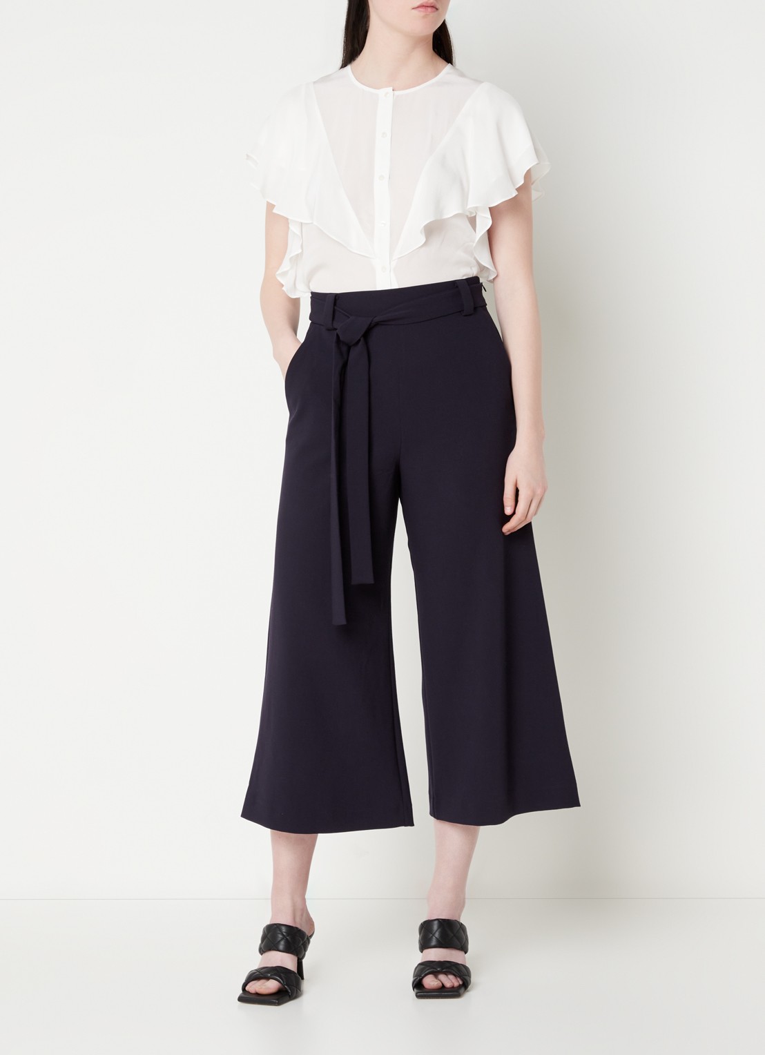 French Connection High waist wide fit culotte met strikceintuur - voorkant 3 donkerblauw
