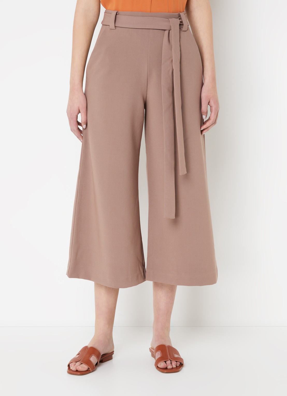 French Connection High waist wide fit culotte met strikceintuur - detail 3 lichtbruin