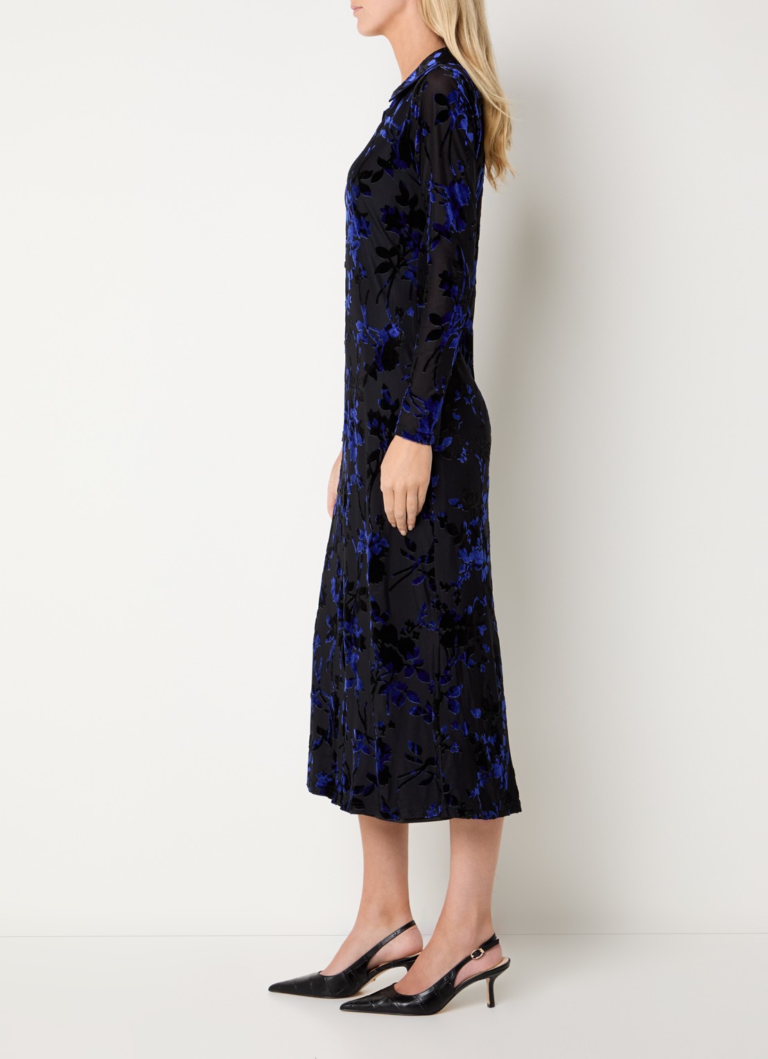 French Connection Idina maxi blousejurk van mesh met details van fluweel - voorkant 3 zwart