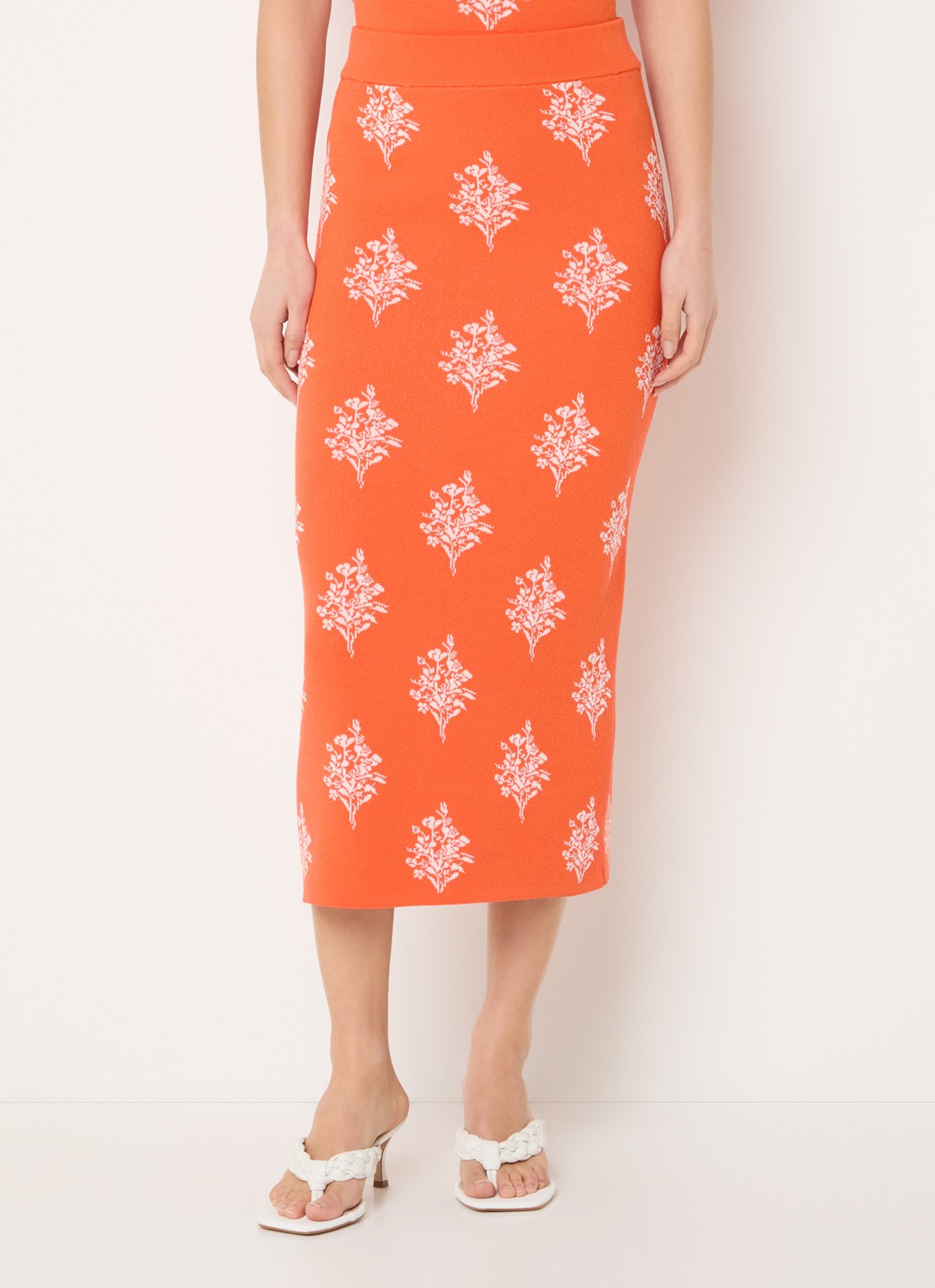 French Connection Imelda fijngebreide midi kokerrok met print - detail oranjerood