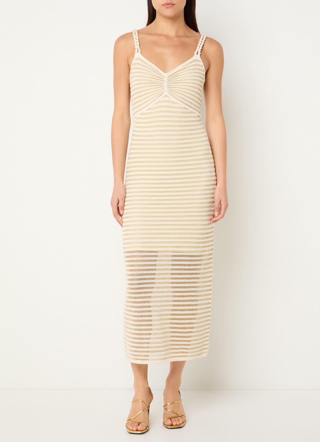 French Connection Jerry fijngebreide midi jurk met lurex - detail 4 creme
