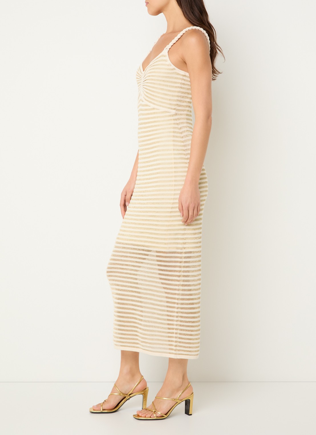 French Connection Jerry fijngebreide midi jurk met lurex - voorkant 2 creme