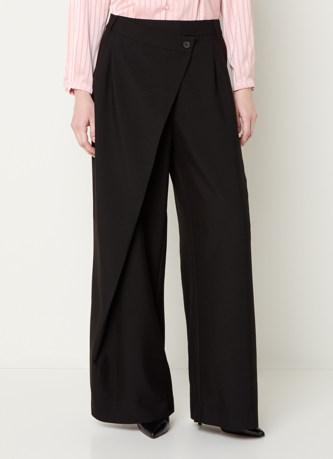 French Connection Junis high waist wide fit pantalon met overslag - detail zwart