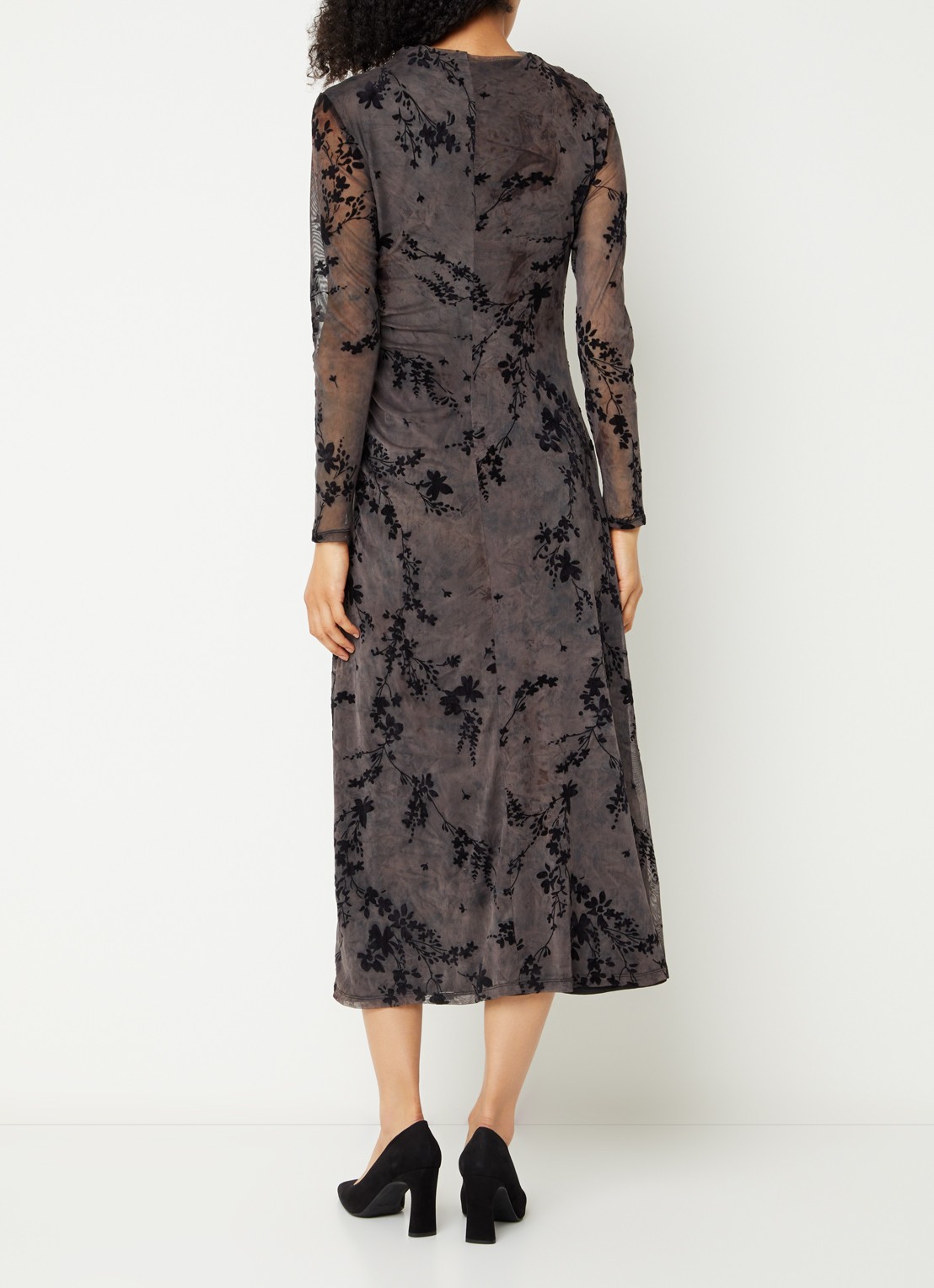 French Connection Kenny midi jurk van mesh met flock bloemenprint - achterkant zwart