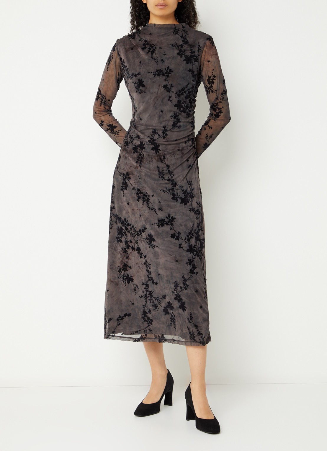 French Connection Kenny midi jurk van mesh met flock bloemenprint - detail 4 zwart