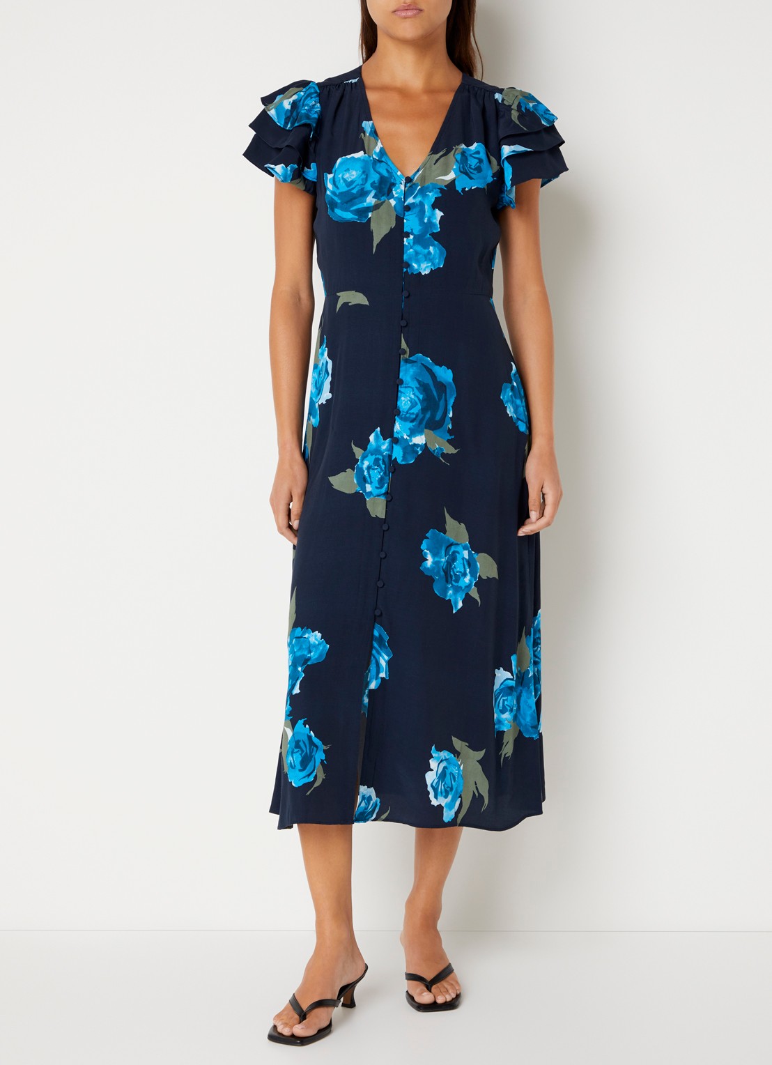 French Connection Lara Delphine midi blousejurk met bloemenprint - detail 4 donkerblauw