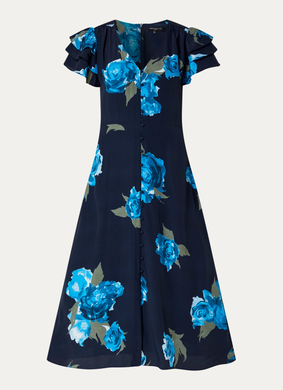 French Connection Lara Delphine midi blousejurk met bloemenprint - voorkant donkerblauw