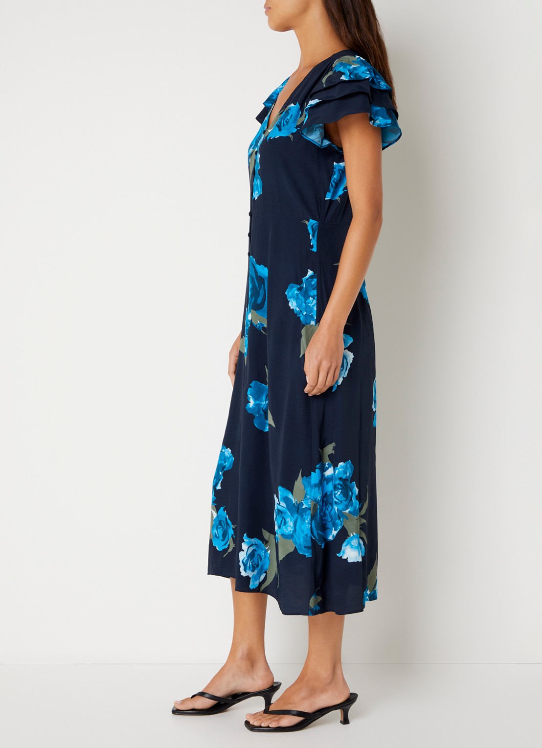 French Connection Lara Delphine midi blousejurk met bloemenprint - voorkant 2 donkerblauw