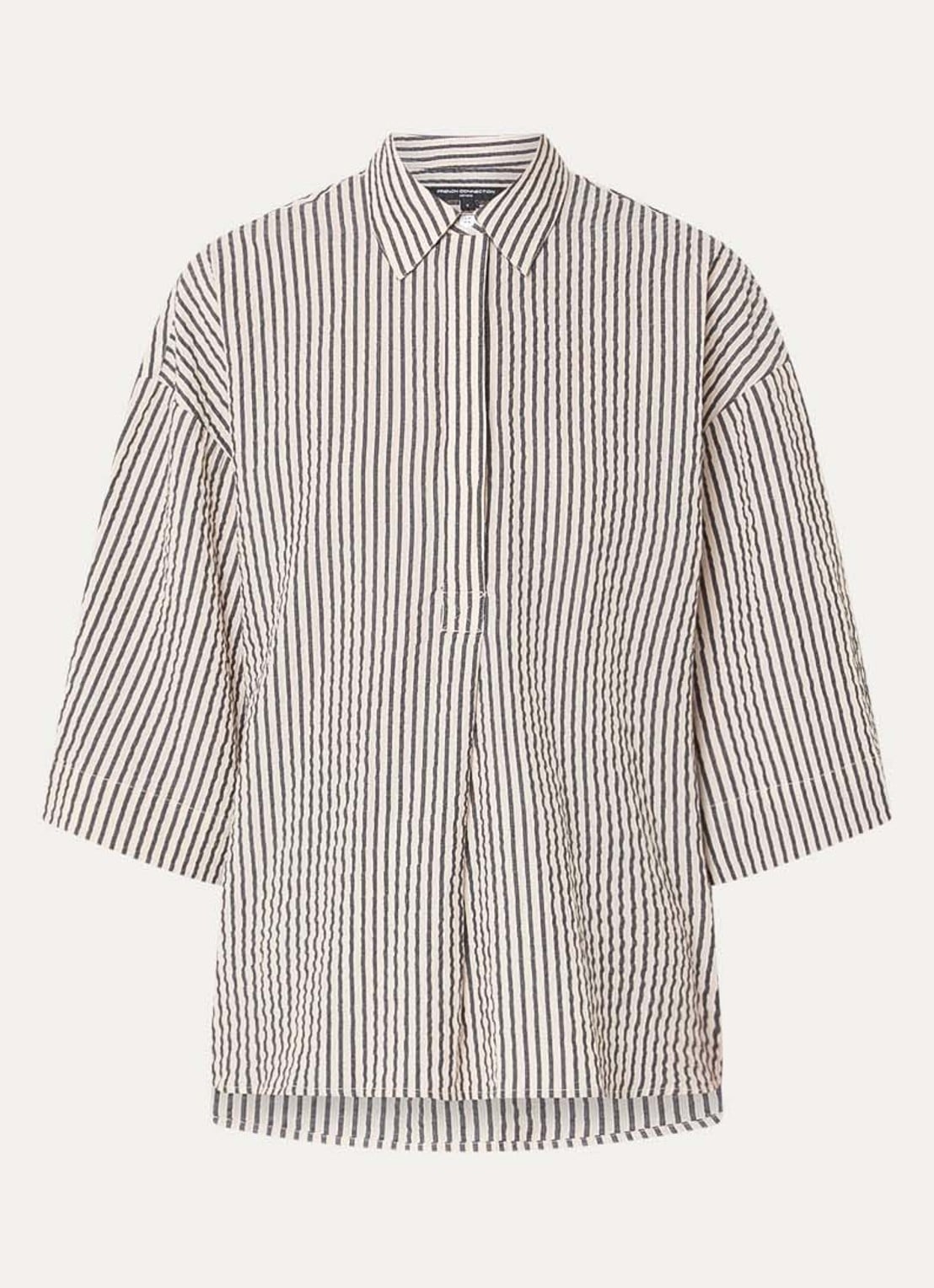 French Connection Lia blouse met streepprint - voorkant beige