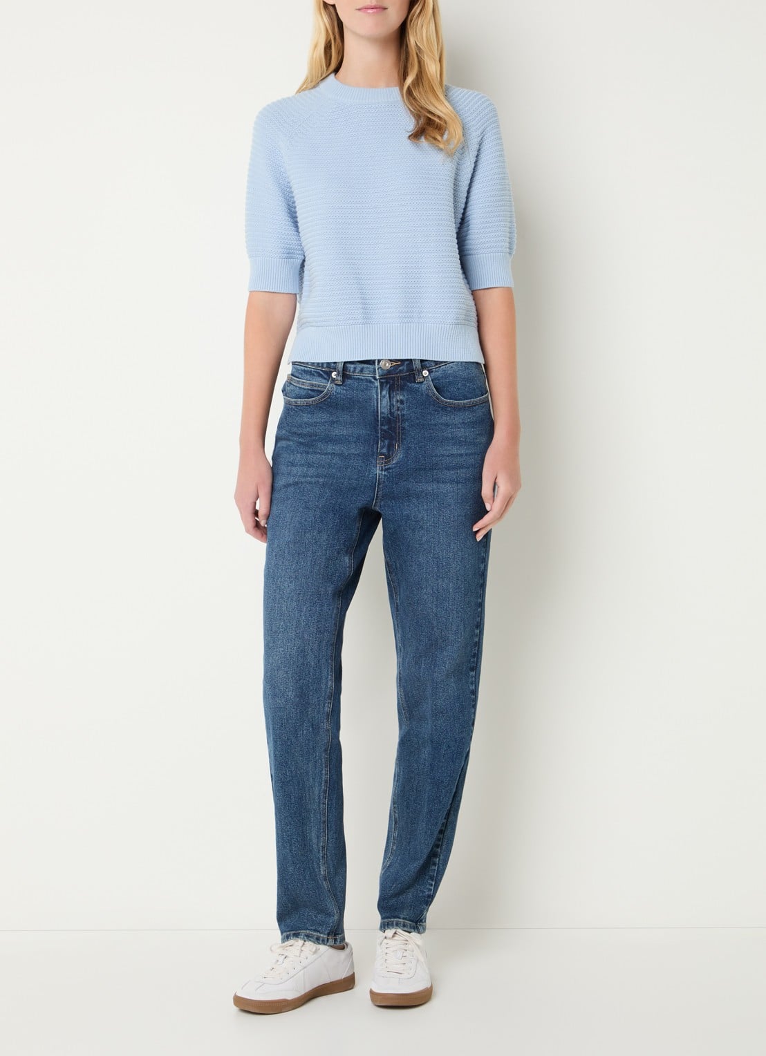 French Connection Lilly Mozart grofgebreide top met structuur - voorkant 2 lichtblauw
