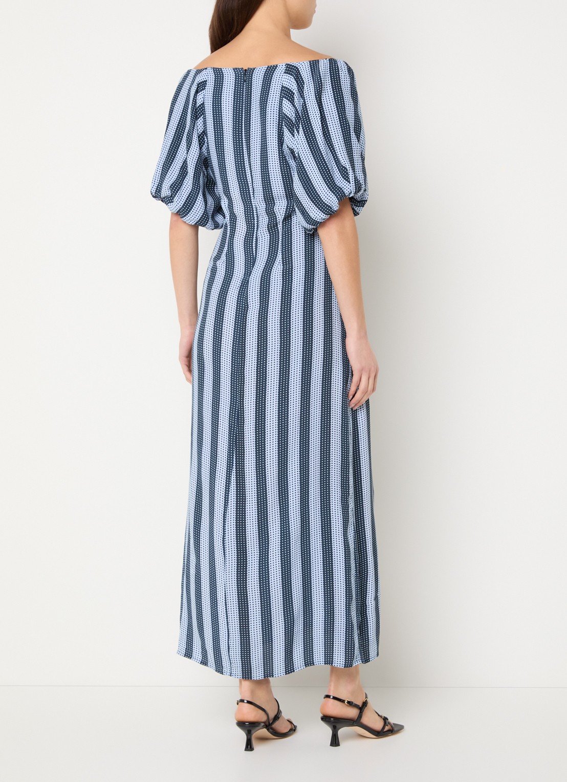 French Connection Lizzie off-shoulder midi jurk met streepprint - achterkant 2 kobaltblauw