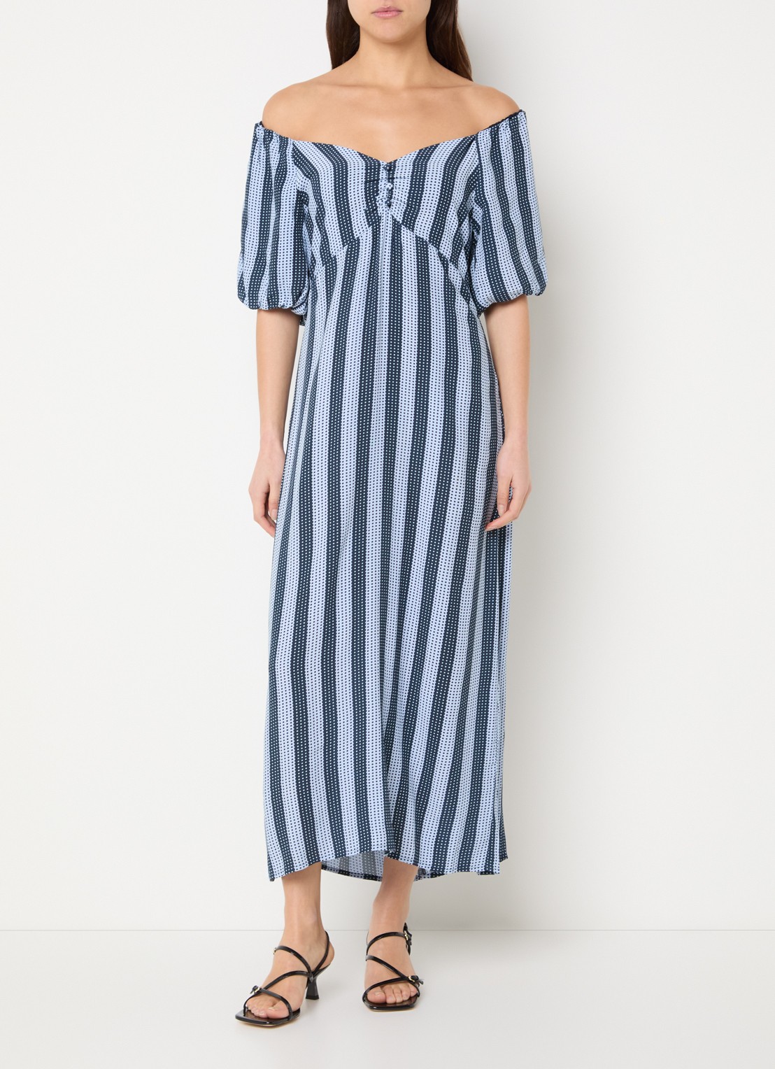 French Connection Lizzie off-shoulder midi jurk met streepprint - detail kobaltblauw