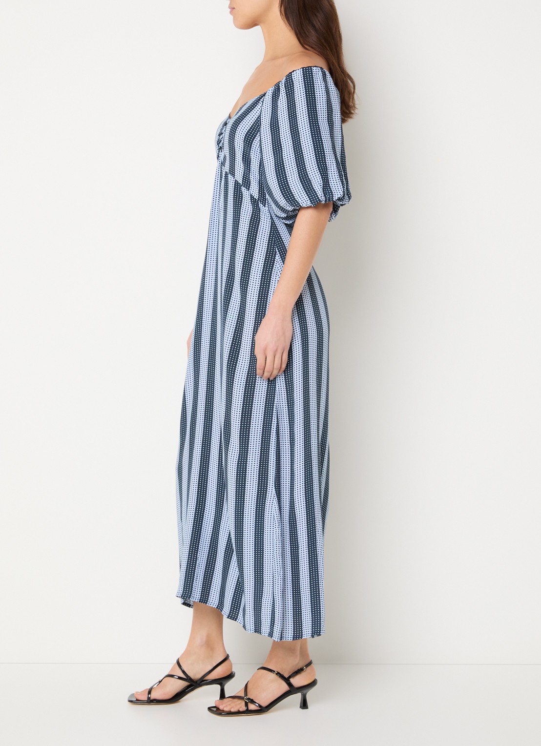 French Connection Lizzie off-shoulder midi jurk met streepprint - voorkant 4 kobaltblauw