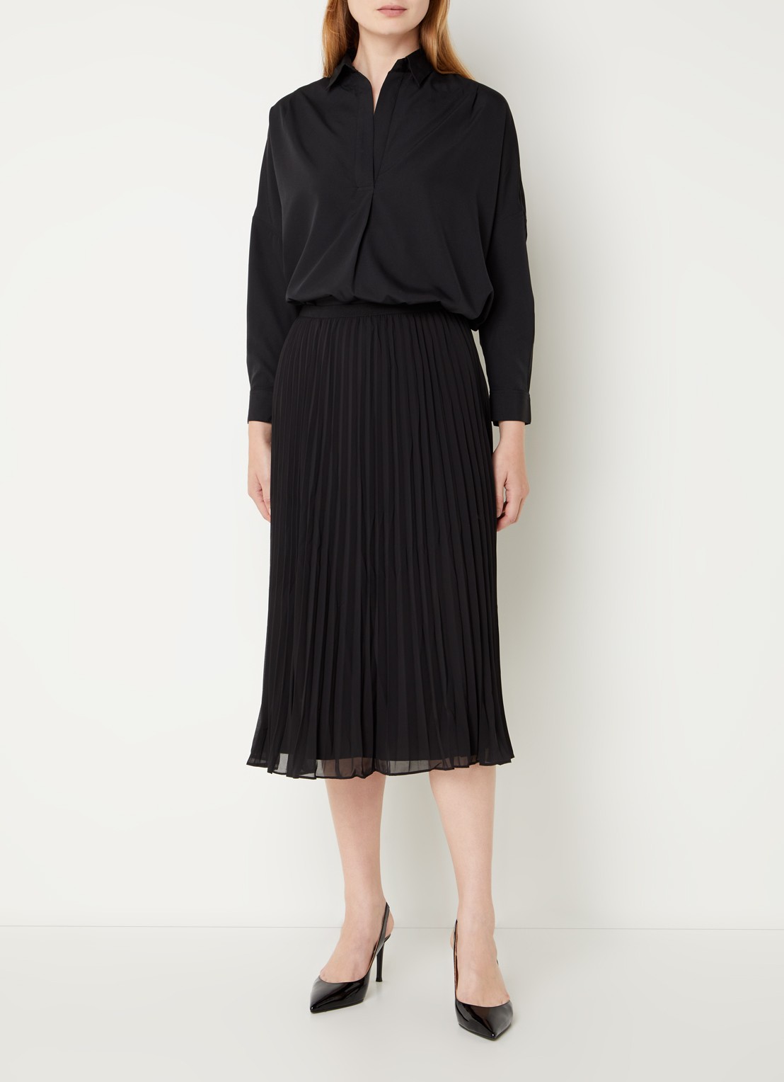 French Connection Midi rok met plissé en stretch  - voorkant 3 zwart