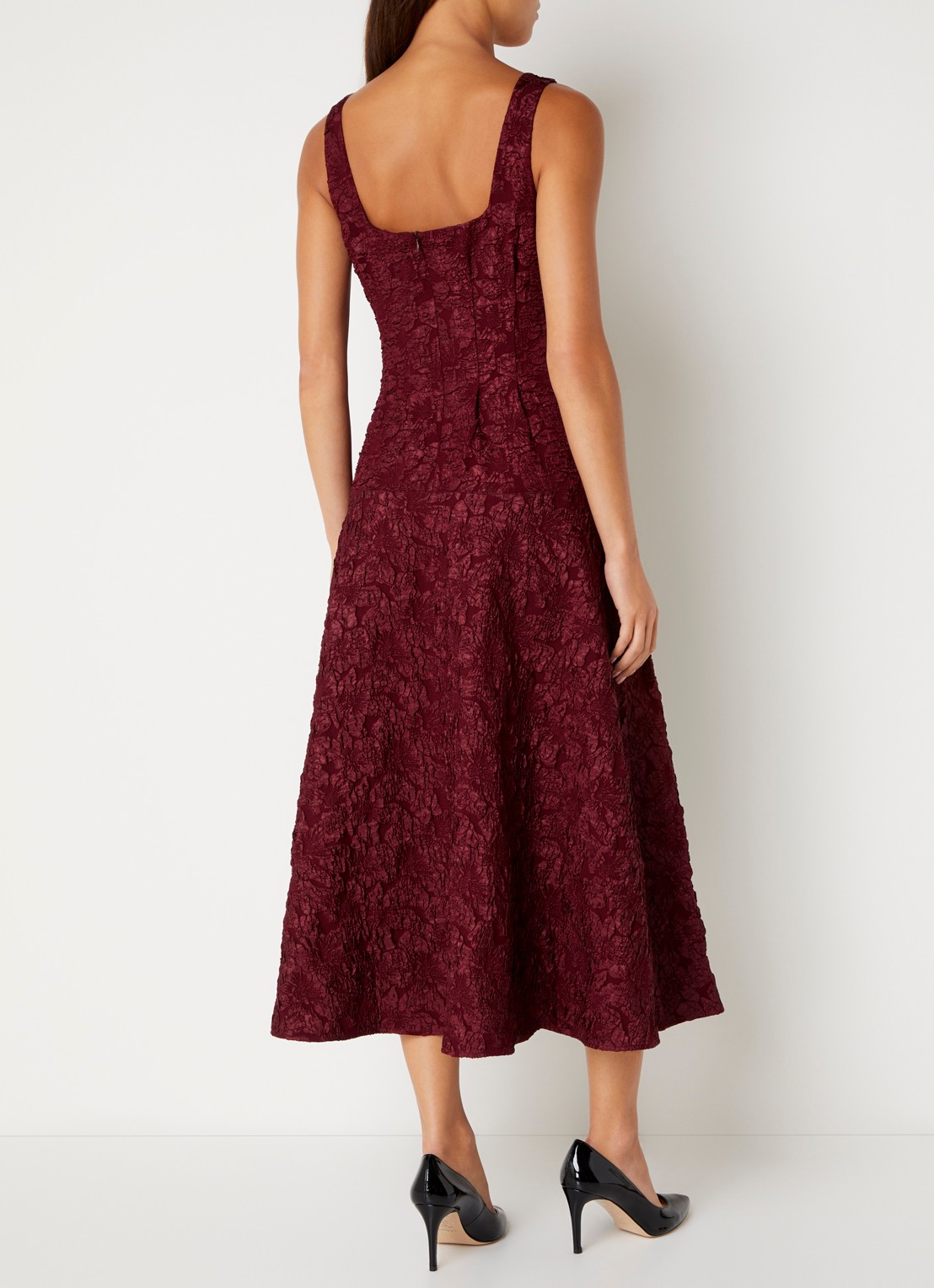 French Connection Milenda midi jurk met jacquard dessin - achterkant 3 bordeauxrood