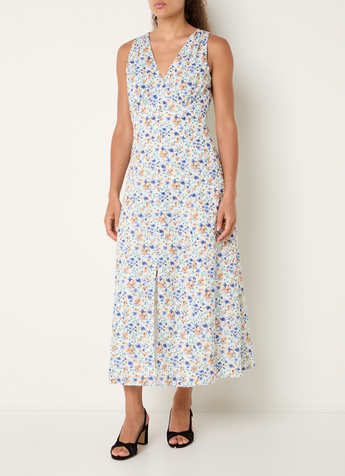 French Connection Minnie midi jurk met bloemenprint en split - detail 3 lichtblauw