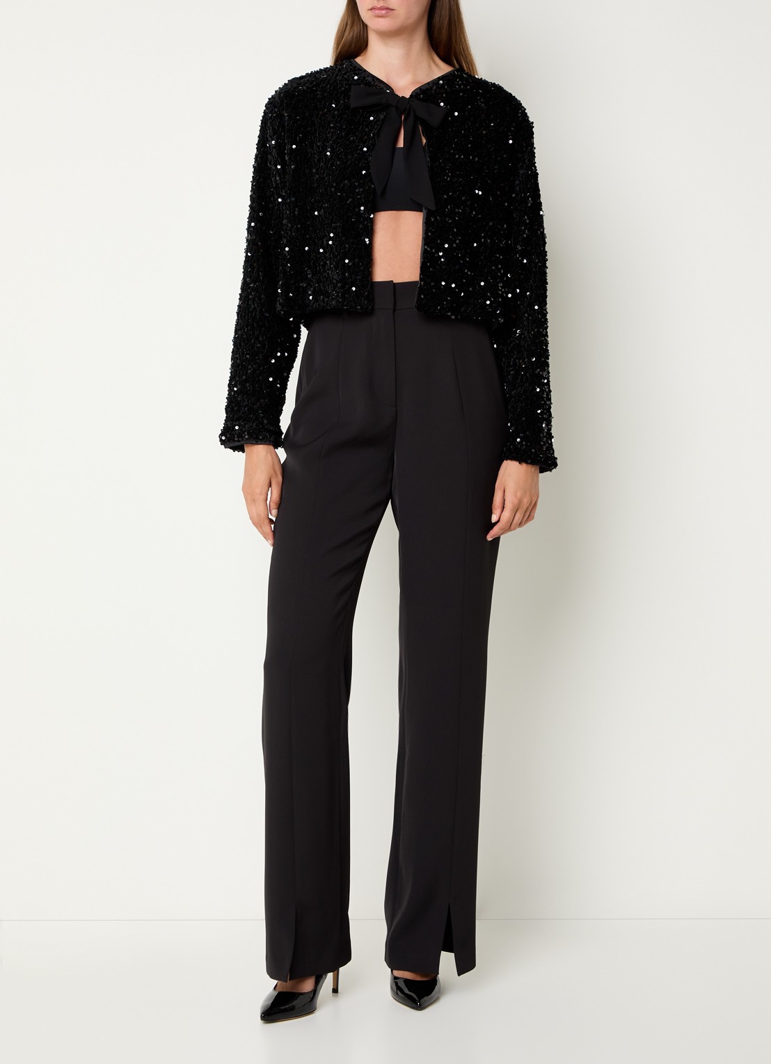 French Connection Monet openvallend vest met pailletten - voorkant 2 zwart
