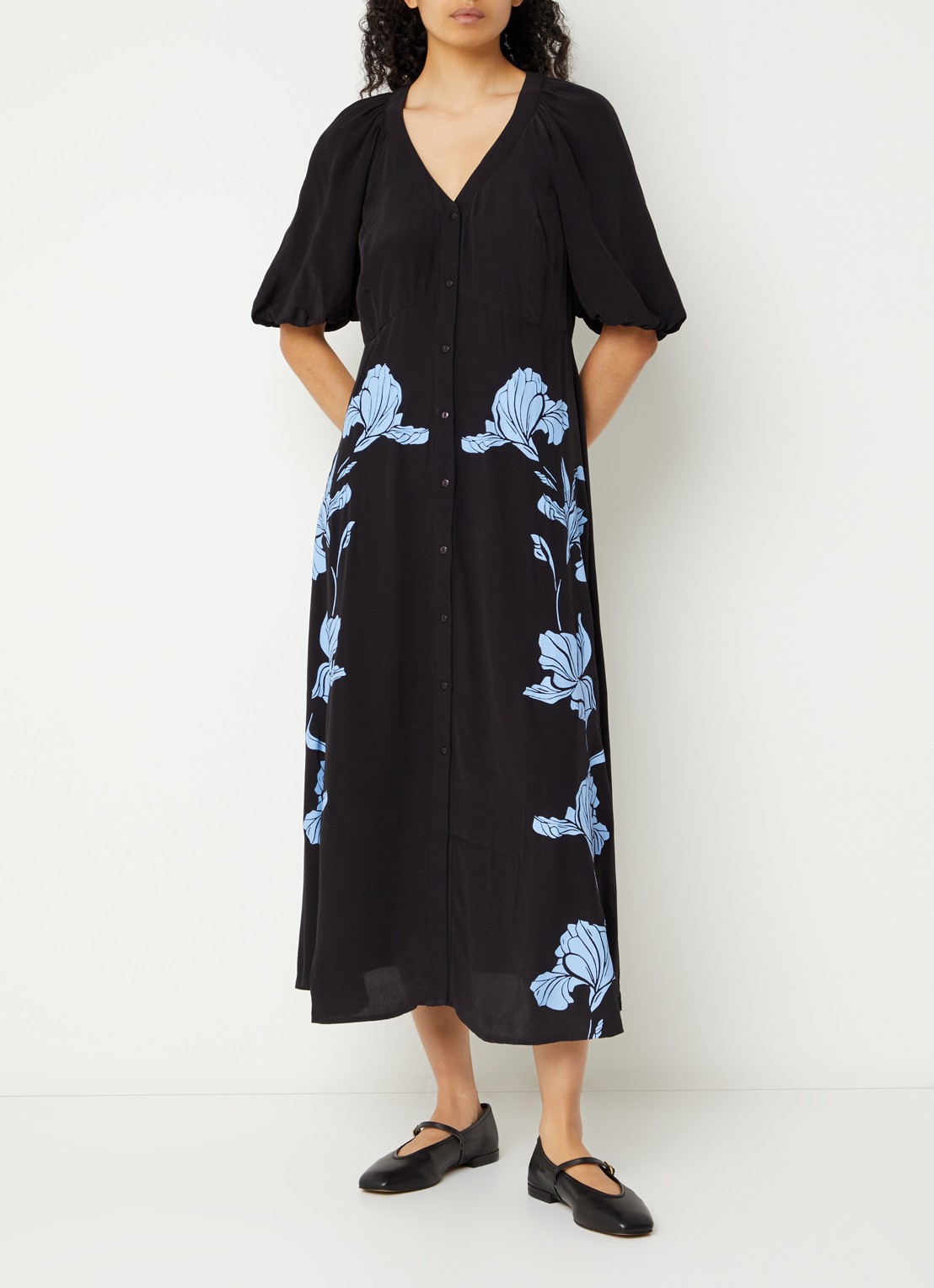 French Connection Nicola Lizzy midi blousejurk met bloemenprint - detail zwart