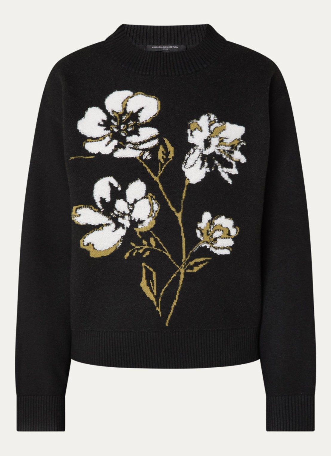 French Connection Oriana fijngebreide trui met ingebreide bloemenprint - voorkant 2 zwart