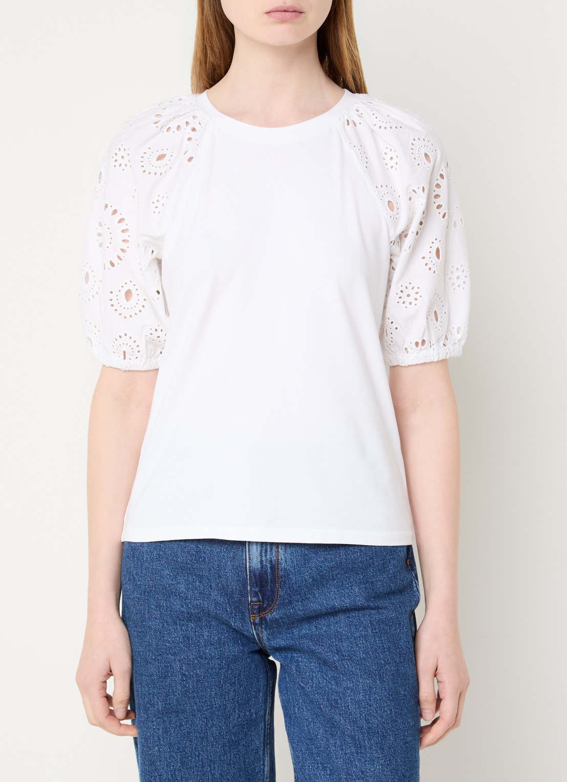 French Connection Rosana top met pofmouw en broderie - detail wit