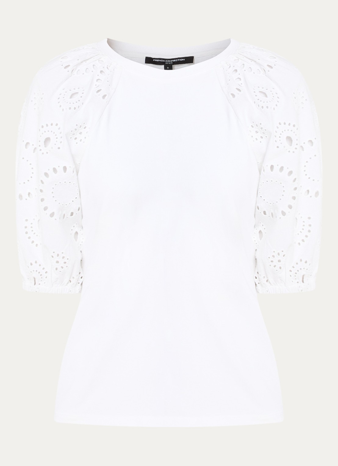 French Connection Rosana top met pofmouw en broderie - voorkant 3 wit