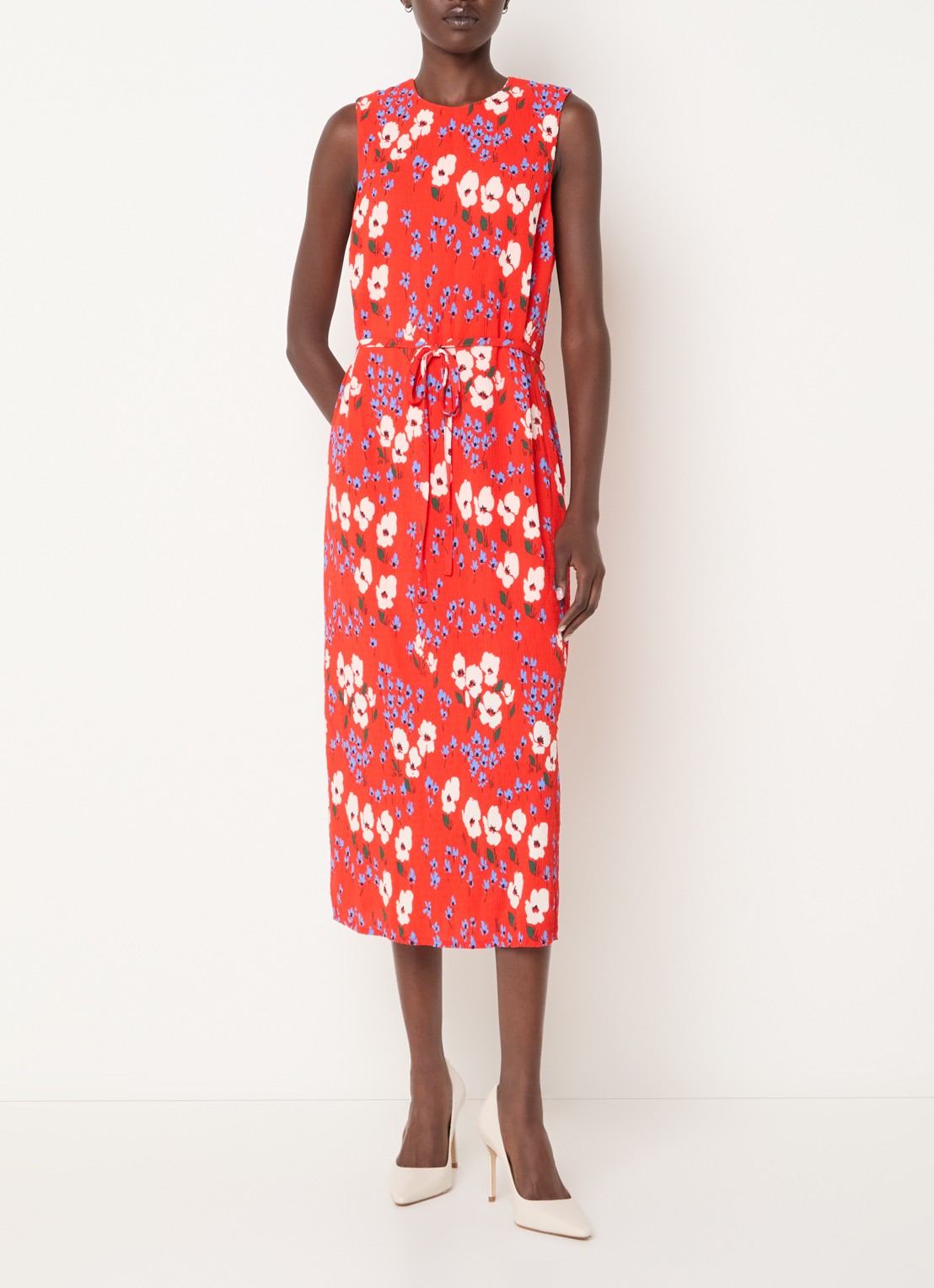 French Connection Scarlett Covey midi jurk met bloemenprint en strikceintuur - detail 4 rood