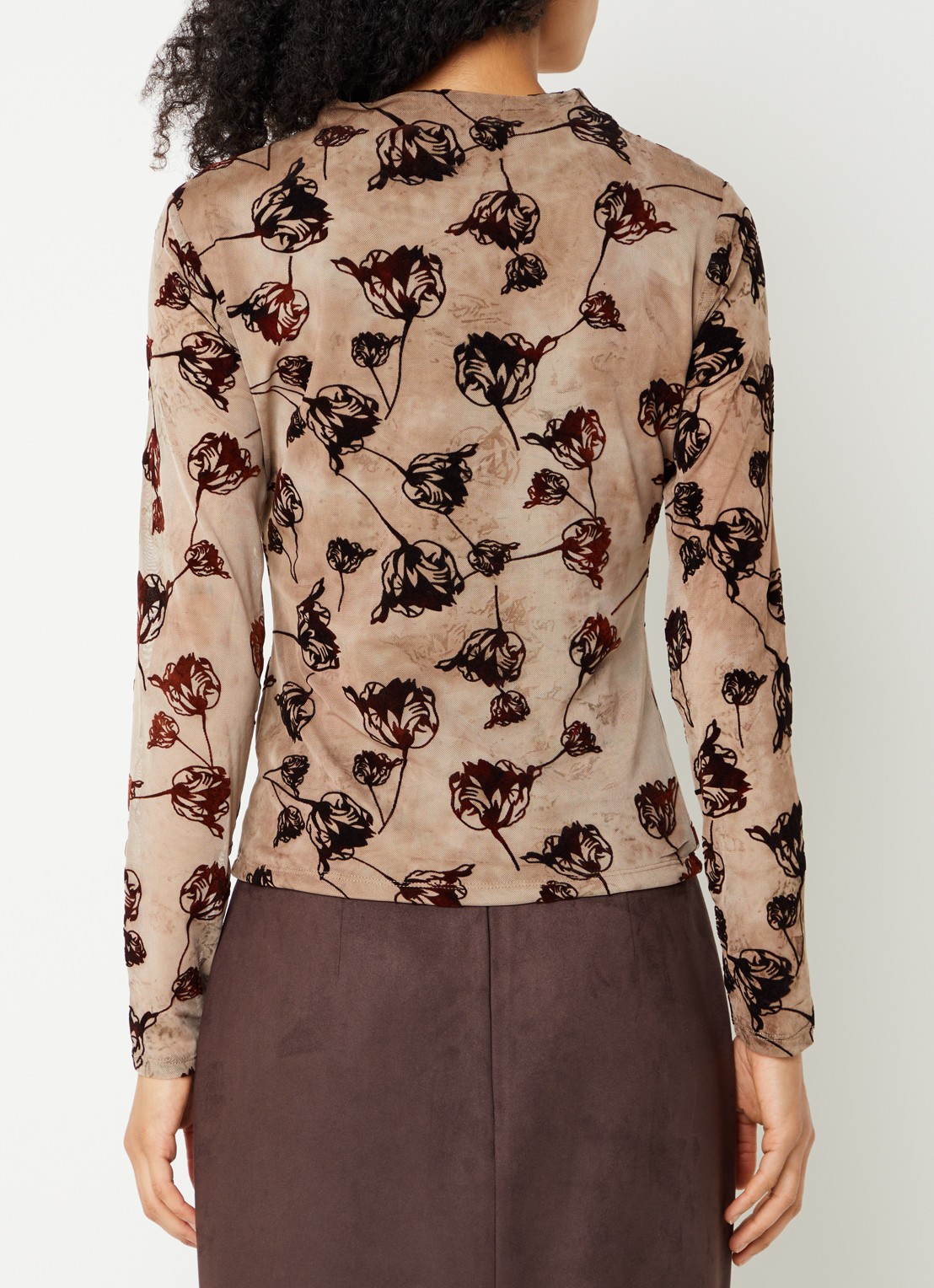 French Connection Tia top van mesh met bloemenprint - achterkant 2 bruin