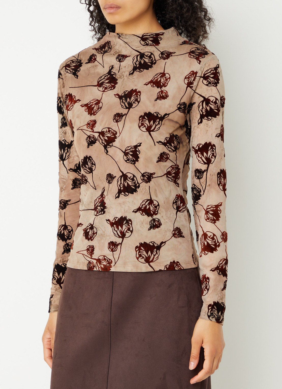 French Connection Tia top van mesh met bloemenprint - detail bruin