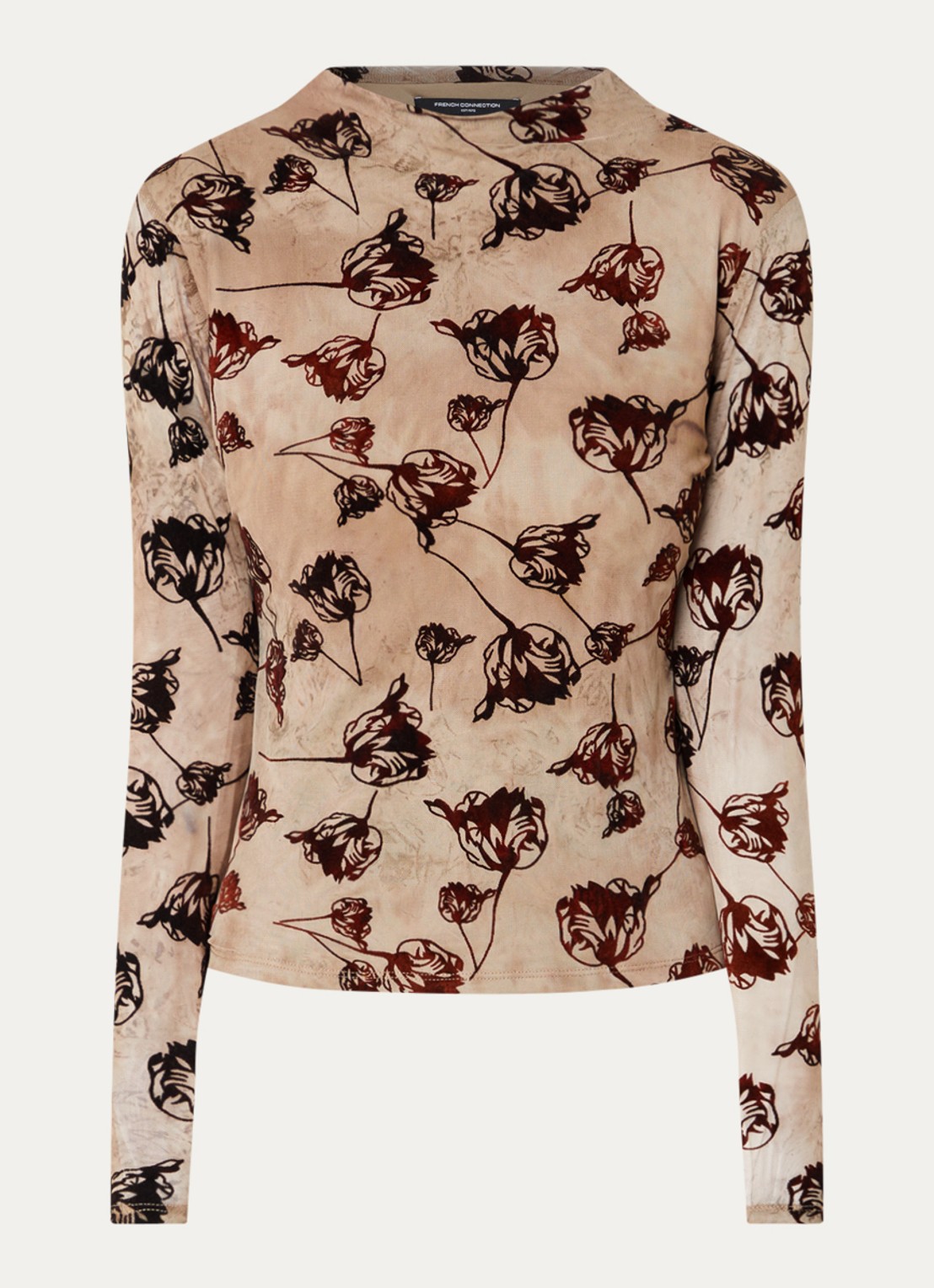 French Connection Tia top van mesh met bloemenprint - voorkant 3 bruin