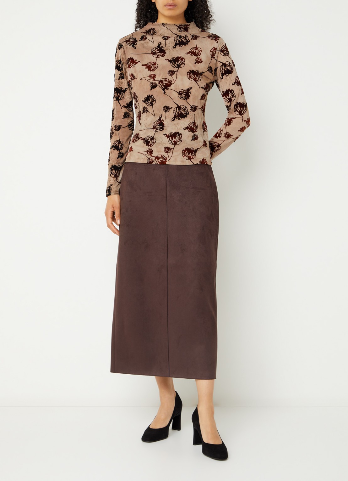 French Connection Tia top van mesh met bloemenprint - voorkant 4 bruin