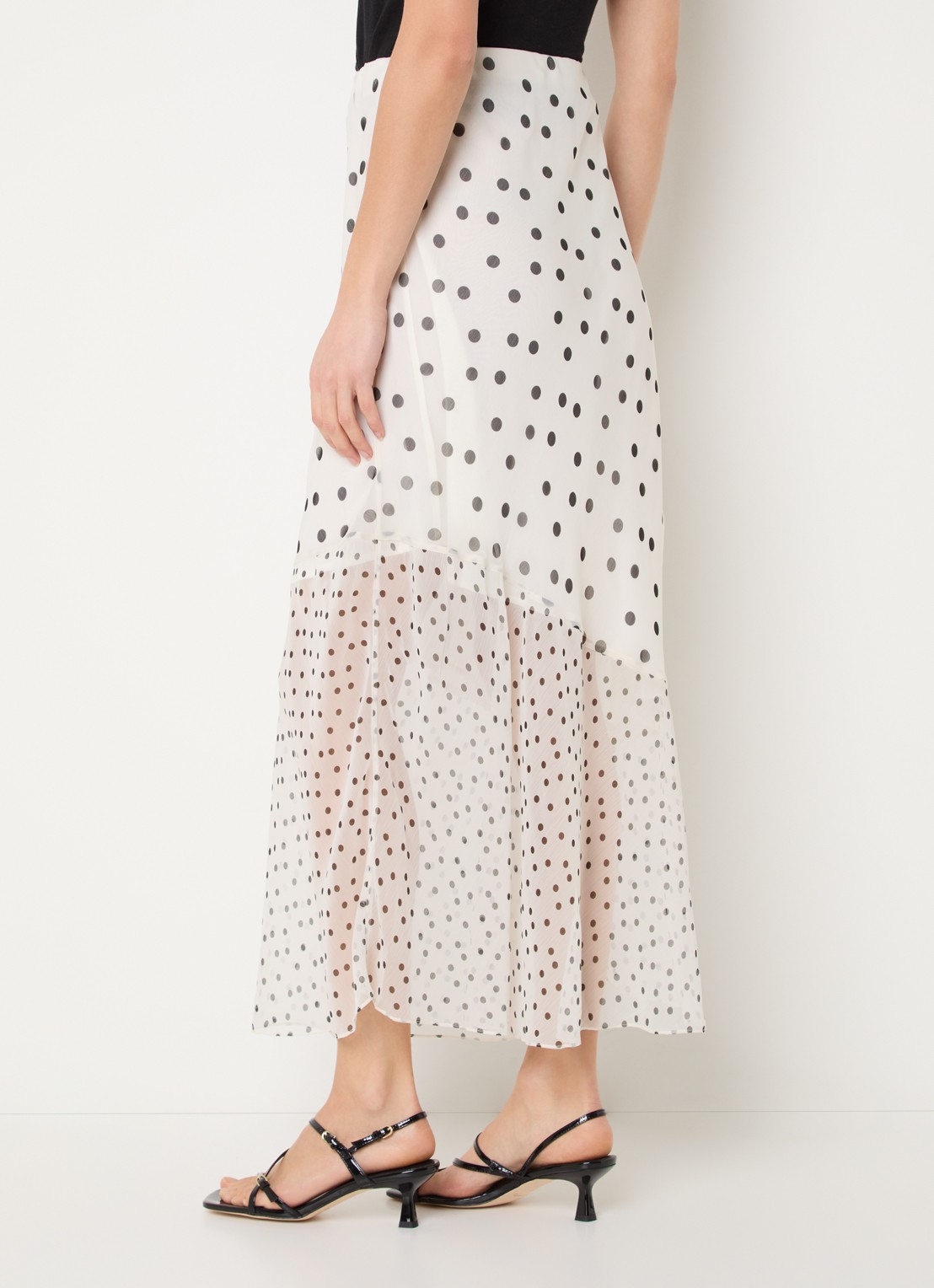French Connection Valeria asymmetrische midi rok met stippenprint en volant - achterkant gebroken wit