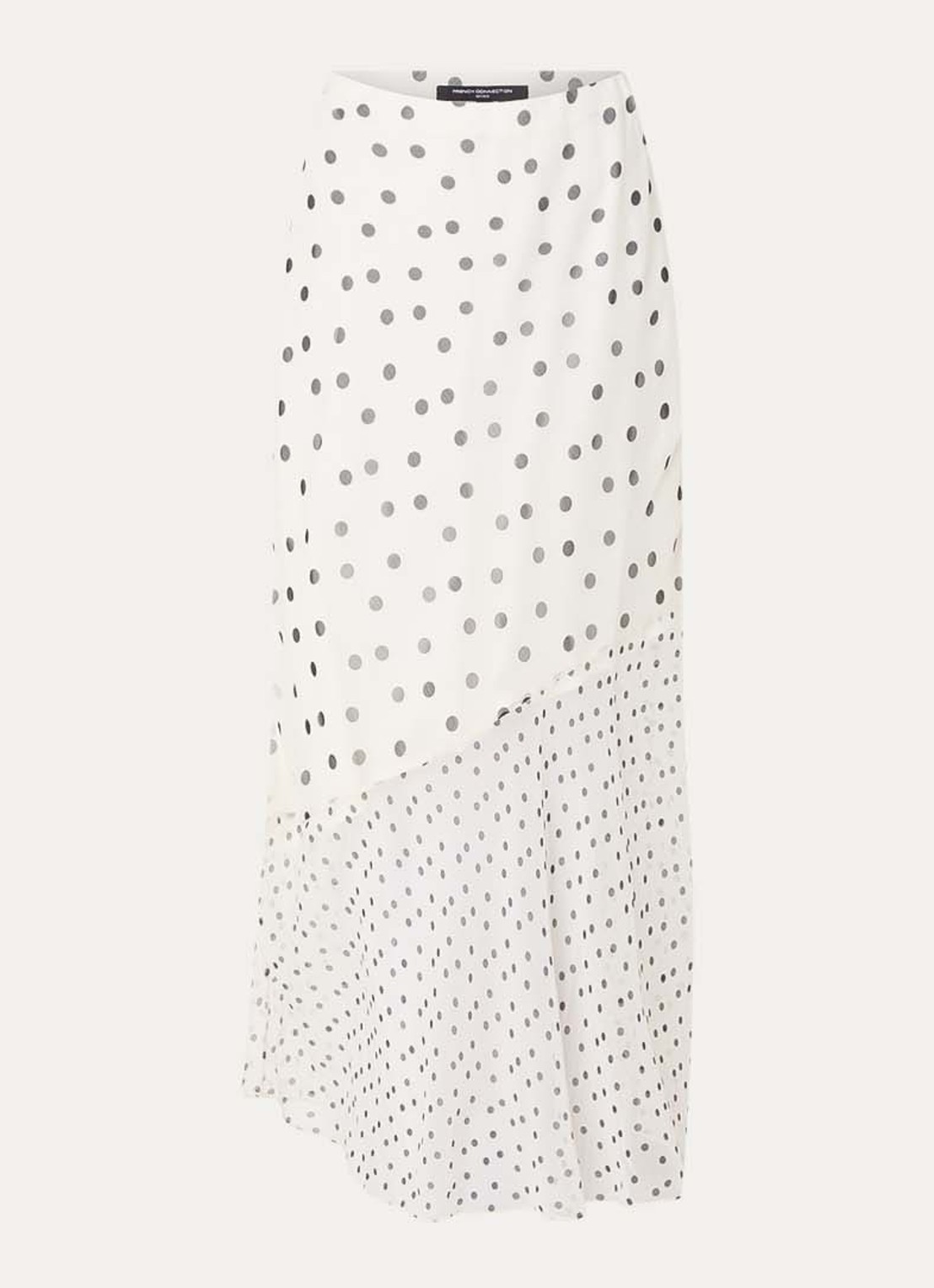 French Connection Valeria asymmetrische midi rok met stippenprint en volant - voorkant 2 gebroken wit