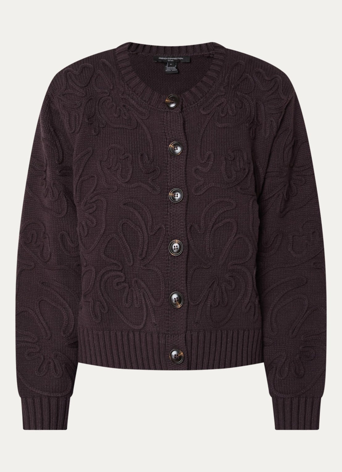 French Connection Varli grofgebreid vest met bloemborduring - voorkant donkerbruin