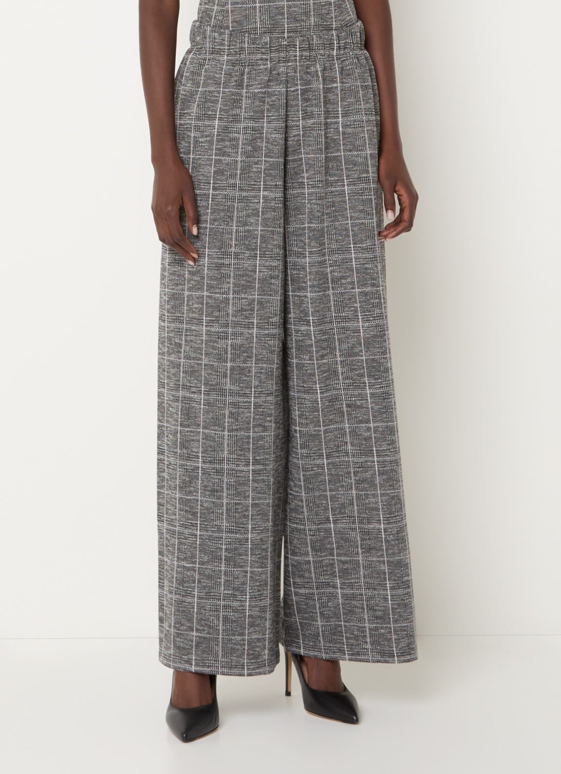 French Connection Wesley high waist wide fit pantalon met pied-de-poule dessin - detail grijs