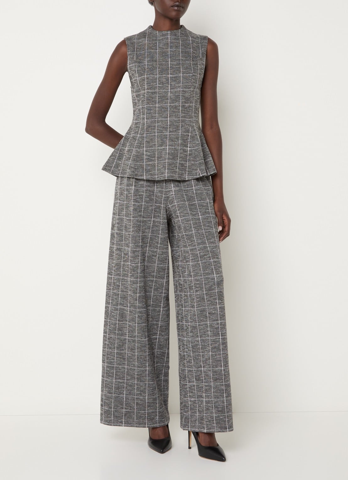 French Connection Wesley high waist wide fit pantalon met pied-de-poule dessin - voorkant 4 grijs